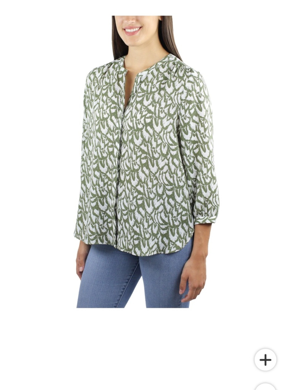 Jachs Girlfriend Olive Green & White Leaf-Print Button-Front Blouse NWT